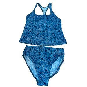 Land's End‎ Racerback Tankini Bikini Blue Floral Swimsuit Bathing Suit Sz 12
